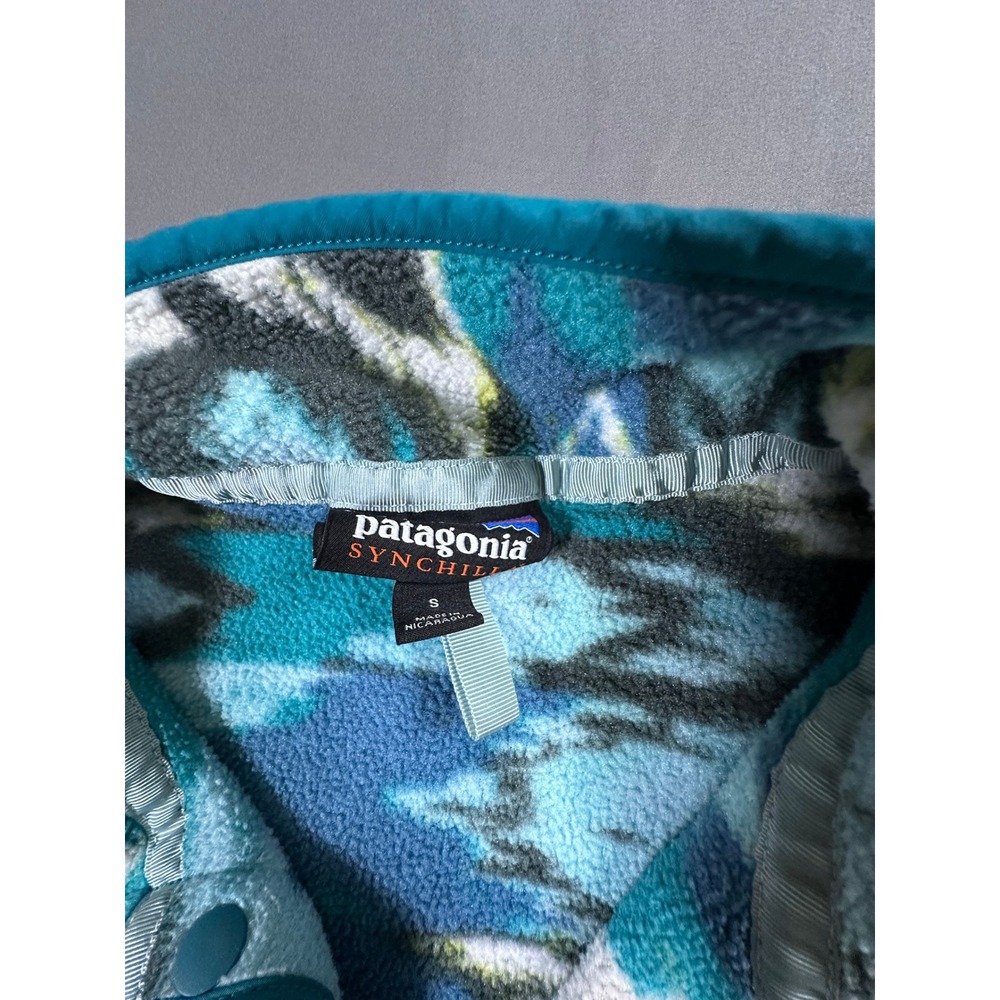 VTG Patagonia Synchilla Snap-T Fleece Pullover-S Teal Blue Geometric Ikat Print - Picture 2 of 15